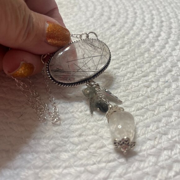 Captivating TOURMALINE & WHITE QUARTZ Handmade Sterling 925 Pendant Necklace - Picture 1 of 3